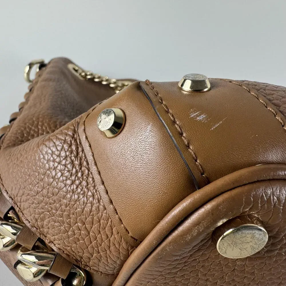Michael Kors Alamis Bucket Bag Womens Medium Brown Leather Chain Strap Purse
